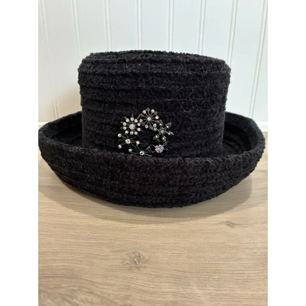 Vintage Betmar New York Black Bowler Hat Women's One Size Rhinestone Brooch
